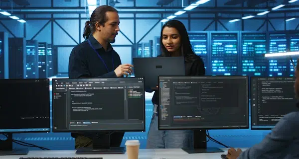 Two technology professionals working in a server room