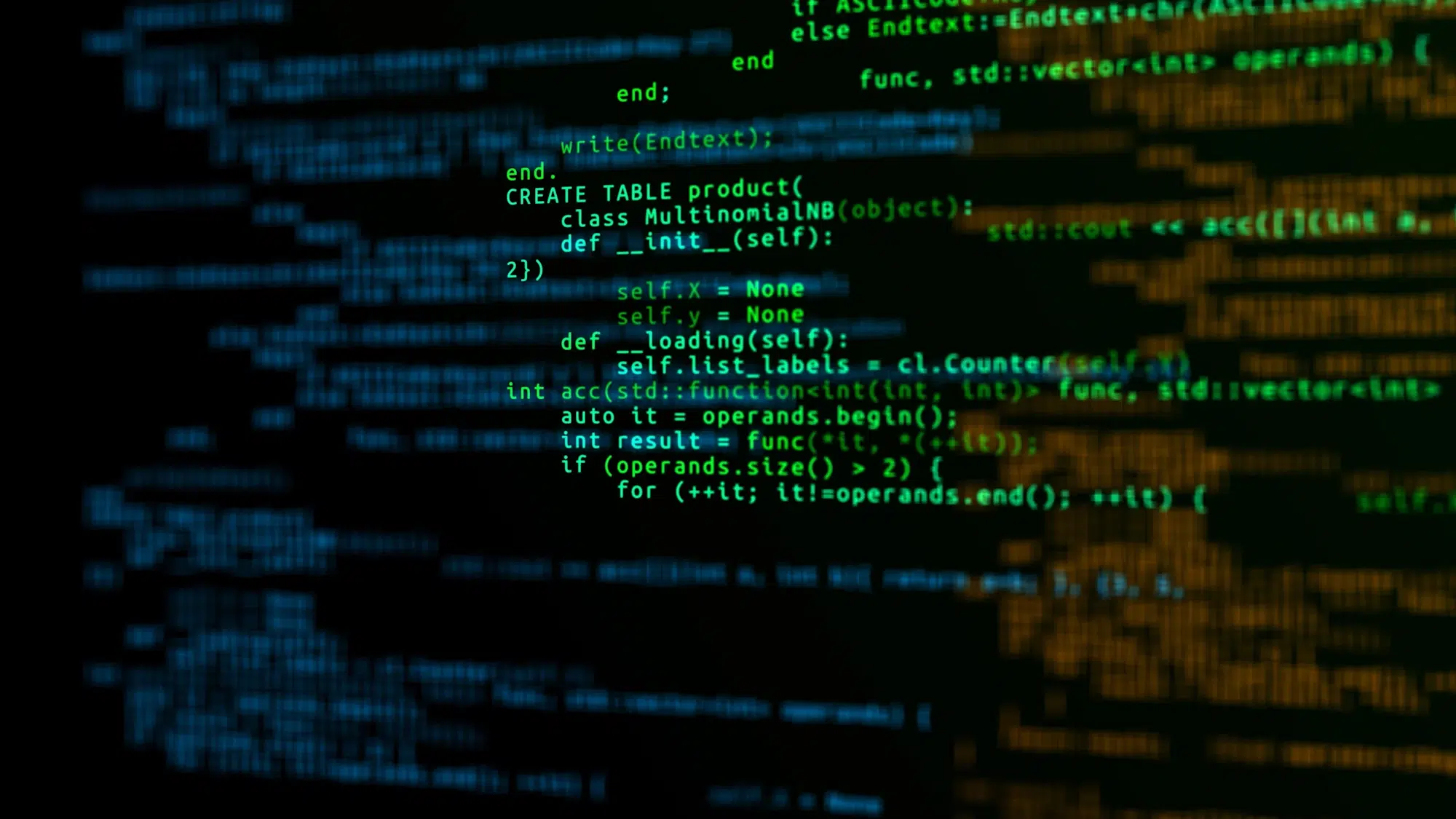 Colorful software code on a dark background